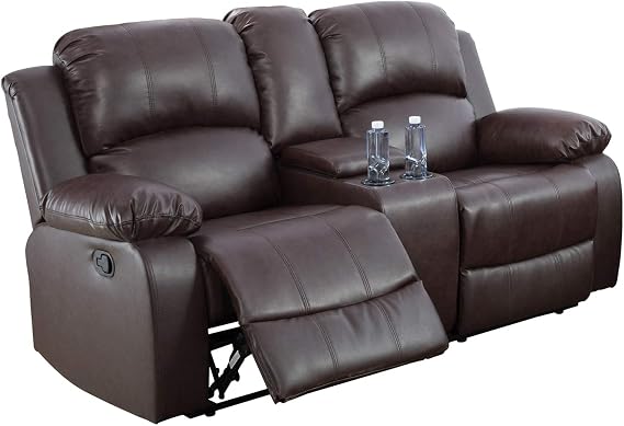 Luxurious Reclining Loveseat 2-Seater, Bonded Leather Manual Recliner for Living Room, Home Theater, Brown, (Loveseat)