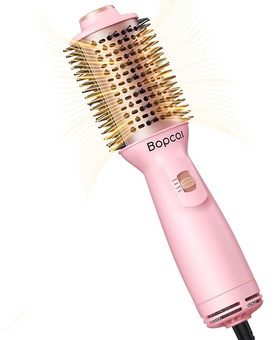 Bopcal 2" Travel Blow Dryer Brush, Dual Voltage 100-240V Hot Air Brush, 4-in-1 Ionic Hair Dryer Brush for Blowout, Volumizing, Straightening, Curling & Drying, Portable with EU UK Plug