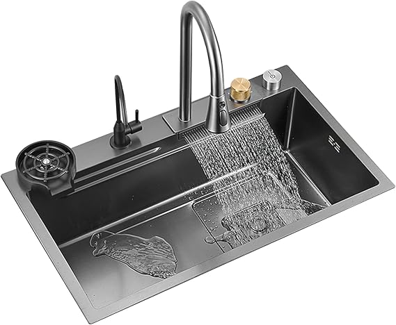 Kitchen Sink 304 Stainless Steel Nano Raindance Waterfall Home Vegetable Basin Single Sink Workstation With Pull-Out Faucet, Pressurized Cup Washer1