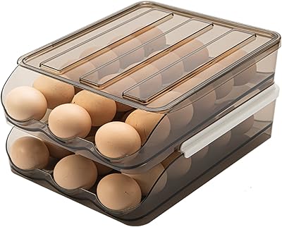 36 Grid Capacity Egg Holder for Refrigerator, Automatic Rolling Egg Storage Rack, 2-Layer Stackable Egg Tray for FridgeLight Brown