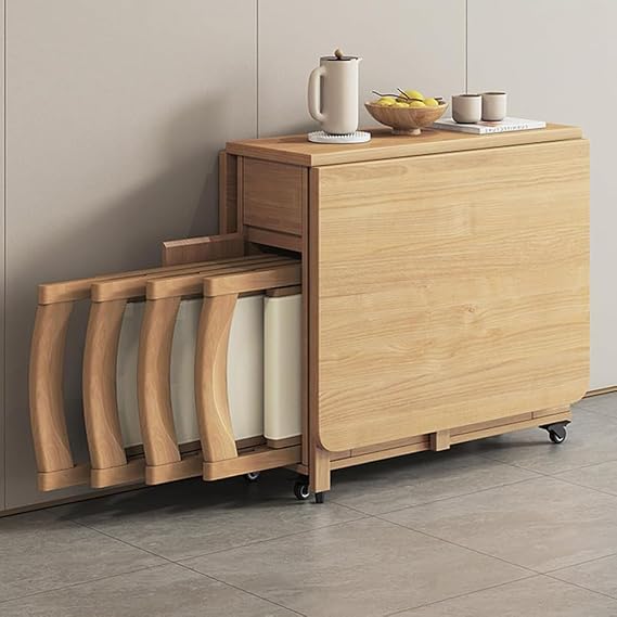 Extendable Solid Wood Drop Leaf Table, Folding Dining Table Set Space Saving Compact Design for Home Living Room Restaurant Mobile Kitchen Table,4 chairs