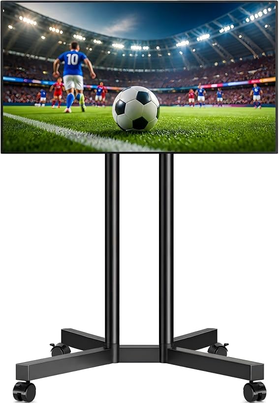 5Rcom Dual-Pole Rolling TV Stand for 32-75 inch LCD LED Flat & Curved TVs, Height Adjustable Portable TV Stand with Lockable Wheels, Mobile TV Cart up to 88lbs for Bedroom, Living Room, Outdoor