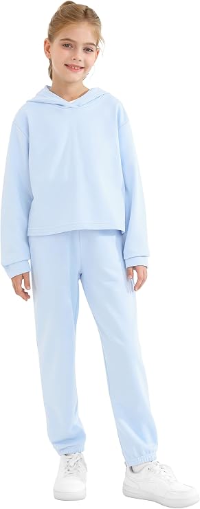 Girls 2-Piece Cotton Outfit Sweatshirts Sweatpants Set Youth Girls Pullover Casual Hooded Tops Pants Tracksuits