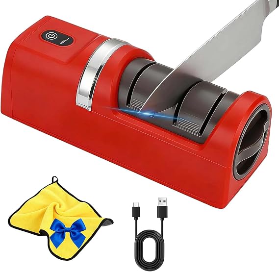 Automatic Kitchen Knife Sharpener, Cordless Electric Double Sided Knife Sharpener for Kitchen, Works with Chef, Utility & Fruit Knives (Red)