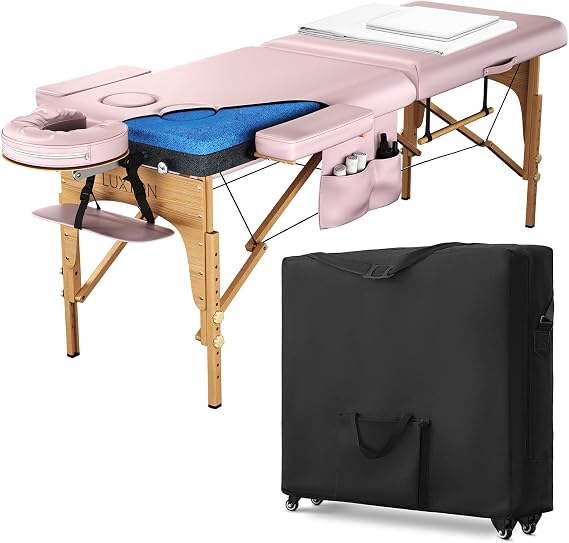 Womens Premium Memory Foam Massage Table with Custom Breast Holes and Custom Sheets - Rolling Carrying Travel Case - Easy Set Up - Foldable & Portable