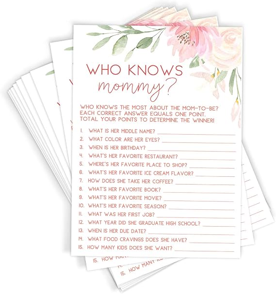 Who Knows Mommy Best - Baby Shower Game, Baby in Bloom Theme, 50 Cards