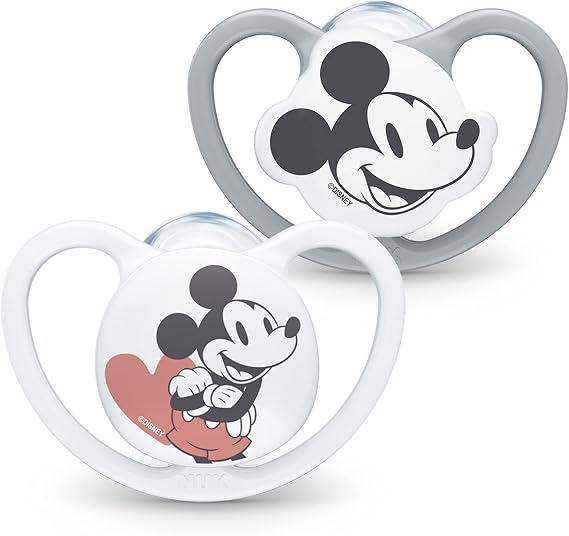 NUK Space Pacifier | 6-18 Months | Pacifiers with Extra Large Vents | BPA-Free Silicone | Disney Mickey Mouse, Grey & White | 2 Count
