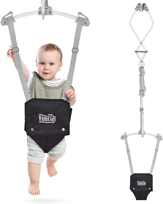 FUNLIO Baby Door Jumper for 6-24 Months (with Door Clamp), Baby Jumper Doorway with Strong Spring & Adjustable Strap, Portable Infant Door Bouncer, Bearing 40 Lbs, CPC & CE Certified- Black