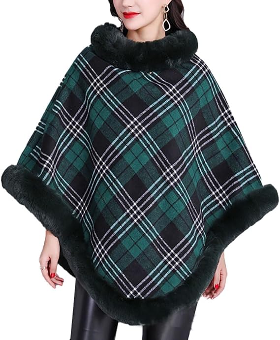 Plaid Cashmere Shawl Wrap with Faux Fur Trim, Lightweight Winter Poncho, Soft Cozy Travel Pashmina