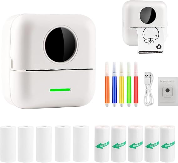Mini Printer Thermal Sticker Printer with 11 Rolls Thermal Paper and Sticker for iOS&Android,Portable Bluetooth Pocket Printer for Study Notes, Pictures, DIY, Label