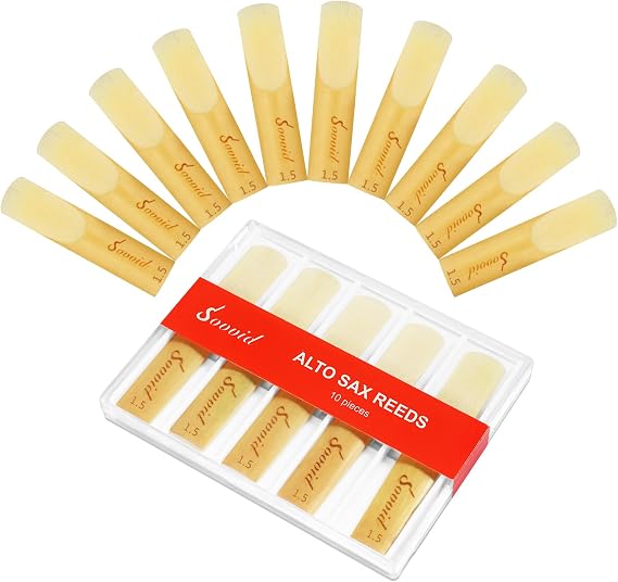 10 Pack Professional Alto Saxophone Reeds with Plastic Box, Strength 1.5 Alto Sax Reeds, Laser Engraved Marking & Thinner Reed Tip for Easy of Play, Traditional Reeds for Saxophone Alto