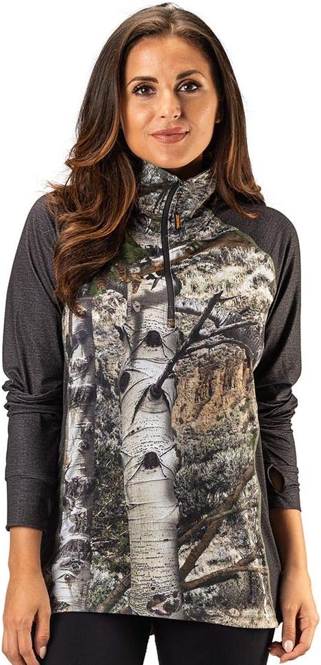 TrailCrest Women's Long Sleeve 1/4 Zip Camo Shirt Moisture Wicking, 4 Way Stretch Perfect Outwear and Fitness Apparel