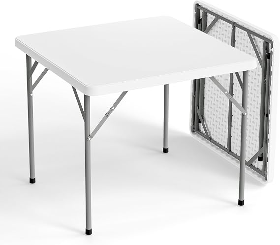 VINGLI White Card Square Table, 34 inch Foldable Legs Full Table Top, Easy to Set up and Store, Folding Portable for Game Puzzles, Gathering, Party, Dining, Indoor, Outdoor, Outside
