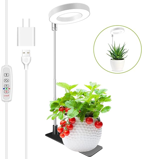 Kullsinss 3.5in Small Grow Lights for Indoor Plants, 48 LEDs Full Spectrum | White Plant Light with Base, 3/9/12H Timer & Dimmable, 26in Height Adjustable, 5V Low-Heat Grow Lamp for Small Potted Plants