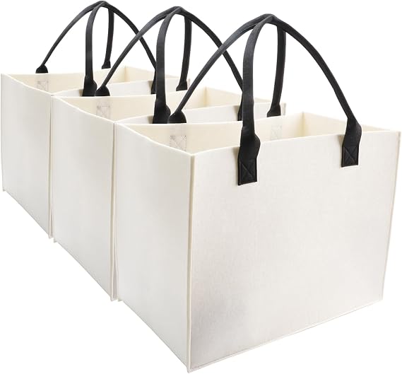 kaxilu Work Ladies Felt Handbag Reusable Bags, White 3pcs Large 16.5"x12.5"x 10" light Tote Shopping Bags for Grocery, Beach, Travel, Gym, Felt Bag DIY Gifts Bag