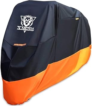 XYZCTEM Motorcycle Cover All Season Waterproof Outdoor Protection Precision Fit up to 104 Inch Tour Bikes, Choppers and Cruisers Protect Against Dust, Debris, Rain and Weather (Black& Orange)