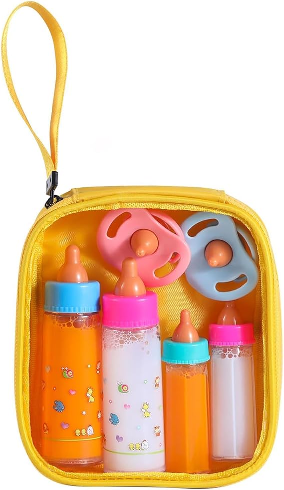 Kaydora Baby Doll Bottle Accessories - 6 Pcs Magic Milk Feeding Toys Yellow | Magic Disappearing Milk & Juice, with Non-magnetic Pacifiers, Pretend Play Sets, Gift for kids, Suit for Stroller, Crib, Bed