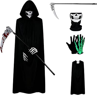 Grim Reaper Costume Set, Halloween Terrifier Hooded Cloak with Scythe & Mask & Glove, Universal Size Adults & Kids, Dress-up Party Cosplay