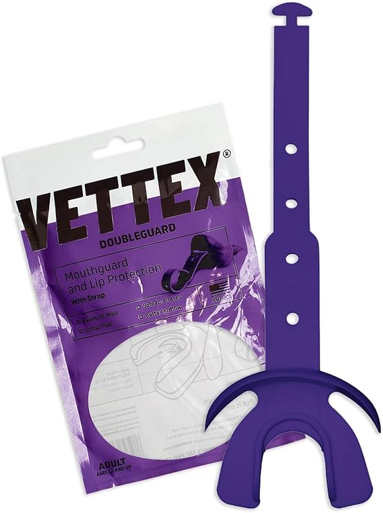 Vettex DoubleGuard Mouth Guard with Lip Protection, Purple | Football, Lacrosse, MMA, Boxing, Adjustable Helmet Strap, Braces Friendly, 2 Breathing Channels, NCAA & NFHS Certified