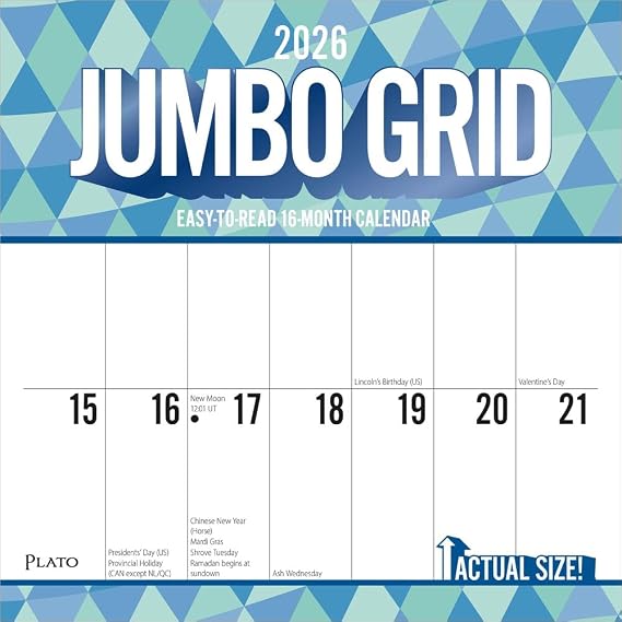 2026 Plato Jumbo Grid Large Print 12" x 12" Monthly Wall Calendar (9798330706631)
