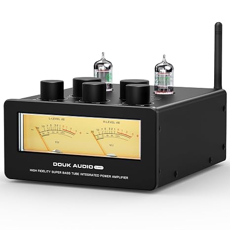 Nobsound T6PRO Vacuum Tube Stereo Power Amplifier: TPA3255 300Wx2 Output VU Meter Super Bus JAN5725 20Hz Multi Input Bluetooth/RCA/AUX Desk Mount Yellow 48V/5A Power Supply