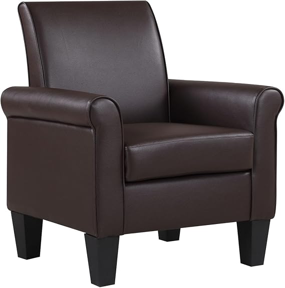 Modern Faux Leather Accent Chair, Upholstered Living Room Armchairs, Comfy Winged Arm Single Sofa Chair for Bedrom, Apartment, Office, Espresso