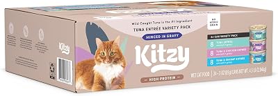 Amazon Brand - Kitzy High Protein, Grain Free Wet Cat Food, Variety Pack Tuna, Chicken & Shrimp, 3 oz Pack of 24