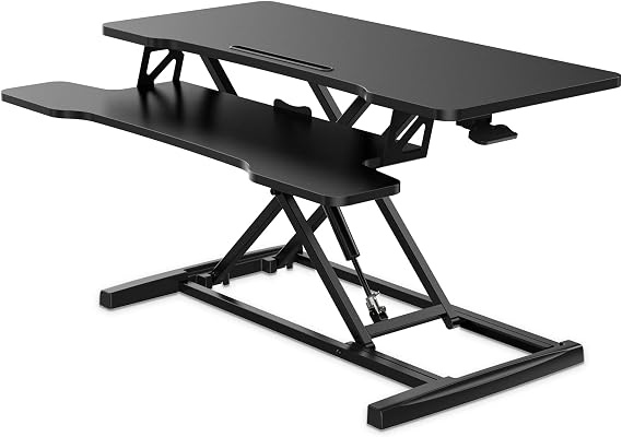 FITUEYES Standing Desk Converter 91.5x40 cm Height Adjustable Sit Stand Desk with Large Keyboard Tray and Phone Holder for Computer Laptop Dual Monitors Riser,Black