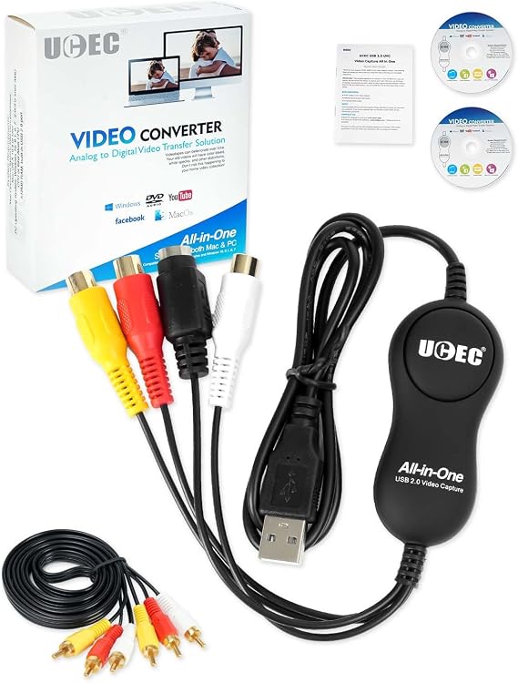 UCEC VHS to Digital Converter Kit, VCR to Digital Converter, RCA to USB Video Capture Device, USB 2.0 Video Capture Card Device for Mac Windows | RCA to USB Video Capture for Mac Windows