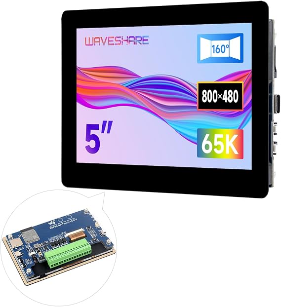 Waveshare ESP32-S3 5inch Capacitive Touch Display Development Board, 5-Point Touch, 32-Bit LX7 Dual-Core Processor, Support Wi-fi & BLE, with Onboard Antenna, 800480 Display Resolution