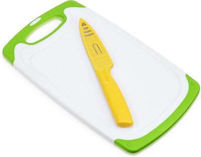True Small Cutting Board with Stainless Steel Blade Pairing Knife, Non Slip Silicone Grip Plastic Chopping Boards and Knives for Prepping Fruits, Vegetables, Cocktail Ganishes. 2-Piece Set