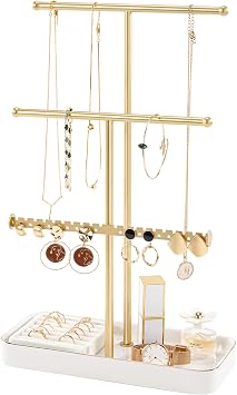 Lolalet Jewelry Necklace Holder with Ceramic Base, 14.2" Gold Jewelry Display Stand with Velvet Ring Tray Jewellery Organizer for Necklaces Bracelets Earrings