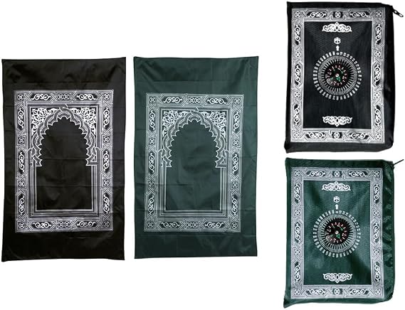 2-Piece Muslim Prayer Mat, Portable Travel Prayer Rug with Compass, Waterproof, Green & Black, Small, 60CMx100CM