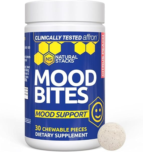 Mood Bites Saffron Supplement with Vitamin B3, Citrus Peach, 30 Chewables | 14mg Affron Saffron Extract & 10mg Niacin - Supports Stress Relief & a Positive Mood - Natural Stacks