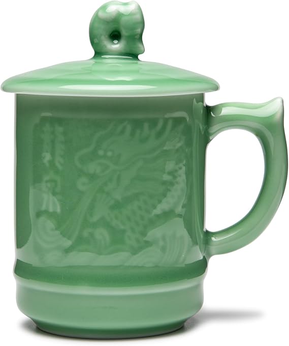Porcelain Mug with Lid,13.5 Oz Milk Coffee Mug,Jade-Glazed Celadon