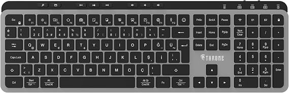 Throne Elite K1 Sessiz Switch 110+8 Multimedya Tuşlu Windows & Macos Uyumlu Premium Alüminyum-Metal Kablosuz Ofis Klavyesi (2.4ghz + Çift Bluetooth Profili)
