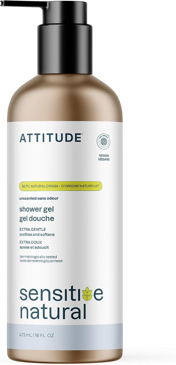 ATTITUDE Body Wash for Sensitive Skin, EWG Verified Shower Gel, Soothing Oat, Dermatologically Tested, Plant and Mineral-Based, Vegan Personal Care, Unscented, Aluminum Bottle, 473 mL