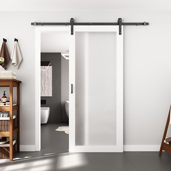 BARNSMITH 36in x 84in 1-Lite Frosted Glass White Barn Door with 6.6FT Sliding Door Hardware Kit Included, Tempered Glass Solid Wood Barn Door Water-Proof PVC Surface,No Assembly Required