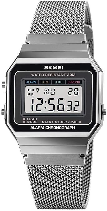 MASTOP Digital Sport Mens LED Watches Slim Dial Digital Men Wristwatches Stainless Steel Band Waterproof Men Watch
