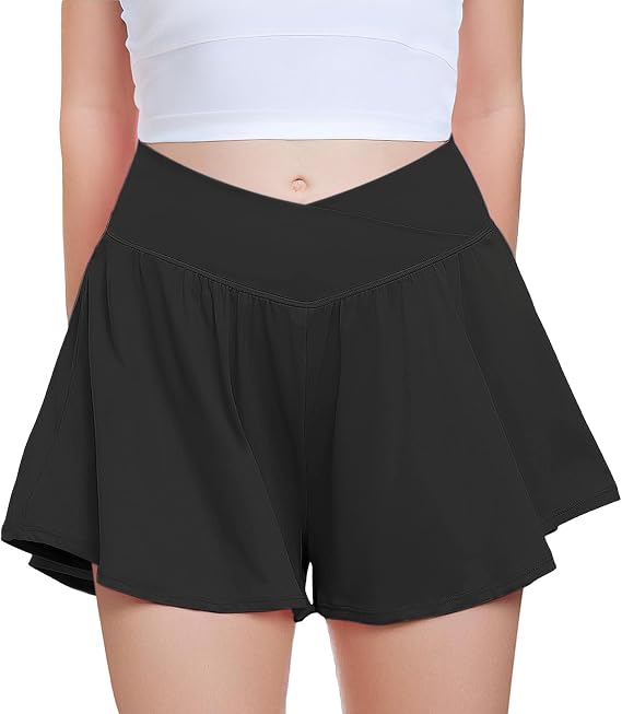 FireSwan Girls Butterfly Shorts Crossover Athletic Shorts with Pockets 2 in 1 Flowy Running Skorts for Teen, Girls, Youth