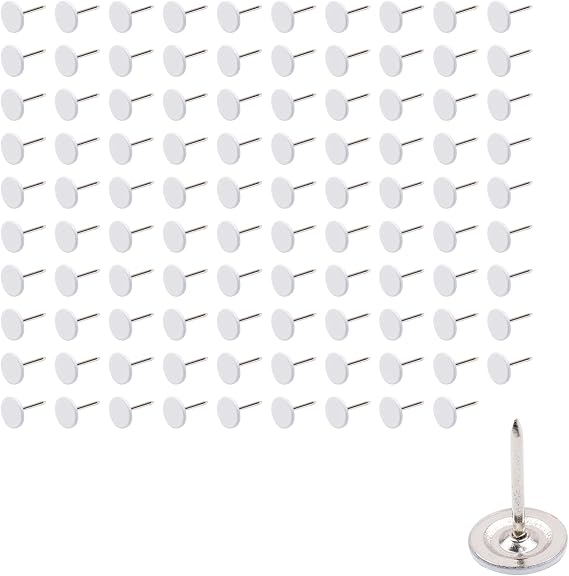 100Pcs Flat Head Upholstery Tacks Home Furniture Decor Tacks Upholstery Nails Flat Push Pins Flat Thumb Tacks White (11mmx17mm)