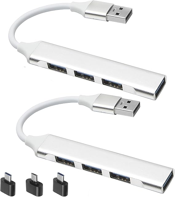 2 USB 3.0 Hub, 4 Ports USB A Splitter Ultra-Slim USB Expander for Mouse, Keyboard, Flash Drive, U Disk, Printer Compatible with Laptop, Desktop PC, Xbox, PS5, and More, with a USB C to USB Adapter