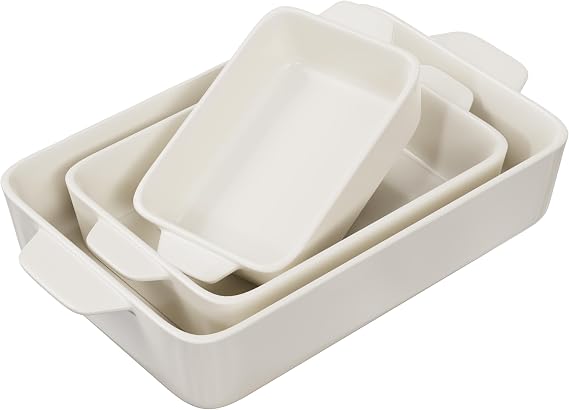Kook Ceramic Bakeware Set, Rectangular Baking Dishes, For Casseroles, Lasagna, Cake, Small, Medium & Large Pans, Microwave & Dishwasher Safe, Set of 3, (Ivory)