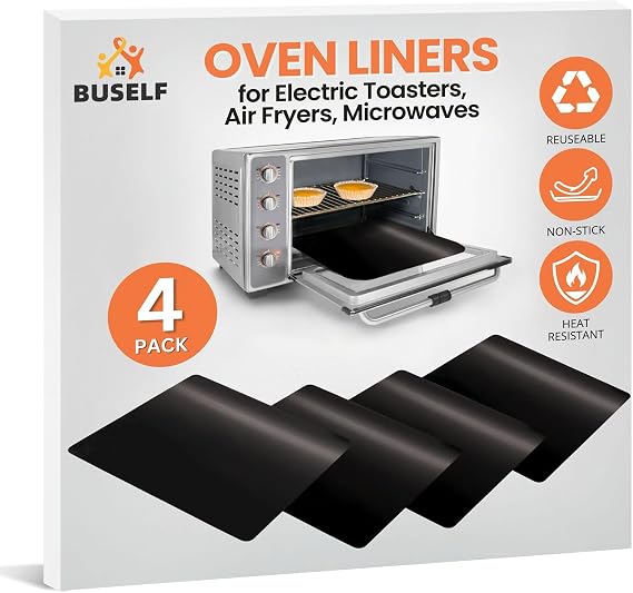 Buself Toaster Oven Liner Compatible with Breville, Cuisinart, Black & Decker, Dash, and More Nonstick Heat Resistant Reusable Air Fryer Liners, PFOA & BPA Free, 9x11", 4 Pack, Black