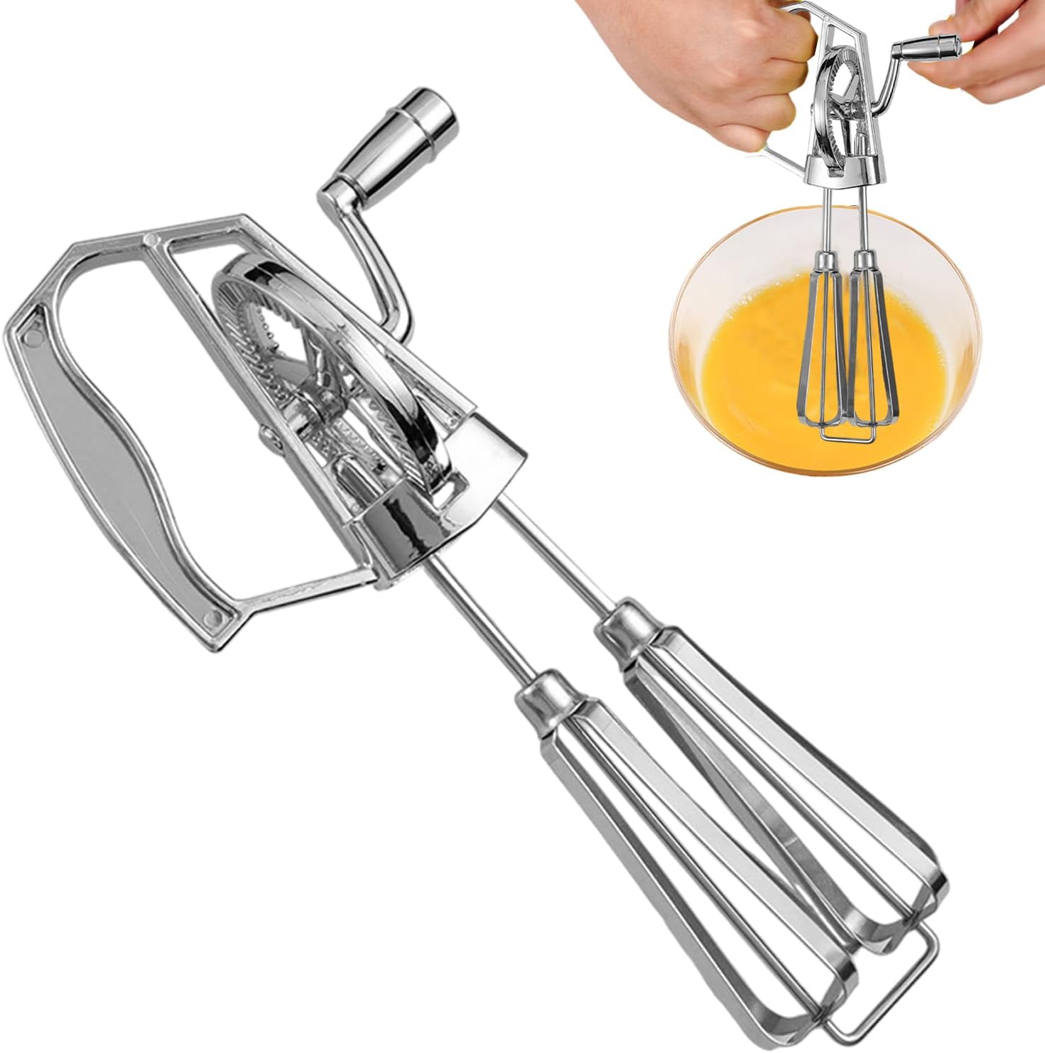Stainless Steel Mechanical Hand Mixer 25.5 x 14 x 6.5 cm Hand Crank Mixer with Crank Hand Mixer Manual Whisk Made of Stainless Steel Hand Mixer Semi-Automatic Whisk for Cream and Egg White