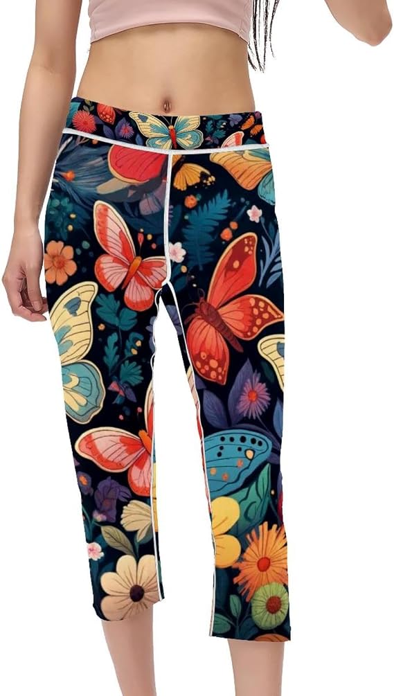 Art Butterfly Capri Yoga Leggings for Women: High Waisted & Non See-Through