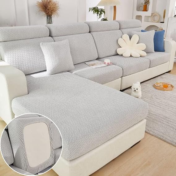 Stretch Sofa Covers for Cushion Couch,Universal Wear Resistant Slipcover with Elastic Bottom,Magic Couch Cover Furniture Protector,Anti-Slip L Shape Sofa Cover,Headrest Cover,Weave-Light gray