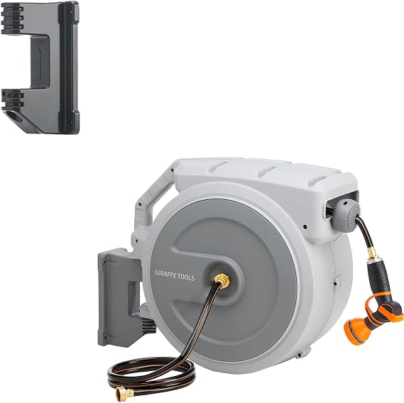 Giraffe Tools Garden Hose Reel Swivel Bracket for Giraffe Hose Reel 1/2 x 130 ft, 5/8 x 90ft and 130FT Retractable Garden Hose Reel Heavy Duty Wall Mounted with 9 Pattern Nozzle, 180 Swivel Bracket