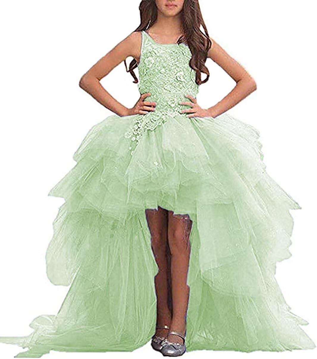 High Low Flower Girl Dress Tulle Laces Applique Pageant Dress Ruffles A Line Communion Gown TZ04