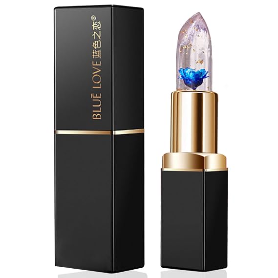 BLUE LOVE Color Changing Flower Lipstick - Moisturizing Gold Foil Jelly Balm with Flower Inside, Long-Lasting Nourishing Lip Gloss for Dry Lips (Blue)